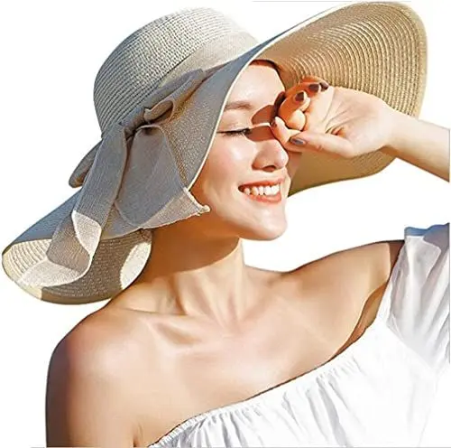 Produktbild: Happyupcity Wowen Sonnenhut mit großer Schleife, faltbar, breite Krempe, Sonnenschutz, UV-Schutz, für den Außenbereich, Sommer, Strandhüte