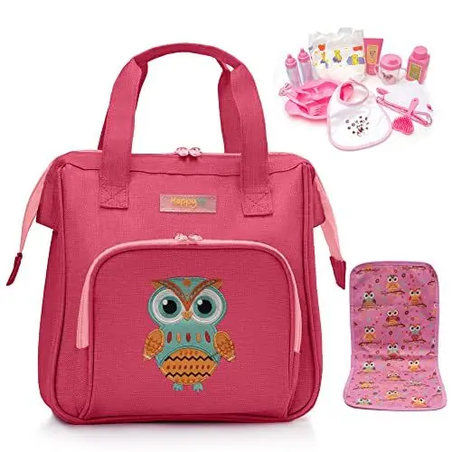 Produktbild: HappyVk- Puppen Wickeltasche mit Puppenzubehör Set - Handtasche für Mädchen - süße Eule Stickerei - Rosa