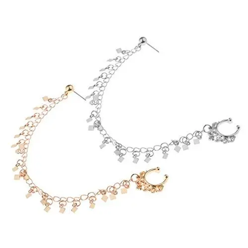 Produktbild: Happyyami 2 Stücke Nasenringe Gefälschte Septum Ring Nicht Piercing mit Kette Nase zu Ohr Kette Ohrstecker Piercing Partei Körperschmuck für Frauen Damen Mädchen (Goldene Silber)