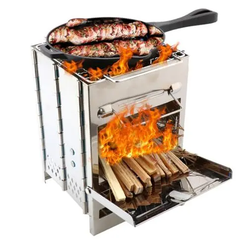 Produktbild: Happyyami Edelstahl Faltbarer Holzofen Grill Für Outdoor Camping Tragbarer BBQ Kocher Für Picknick Und Reisen