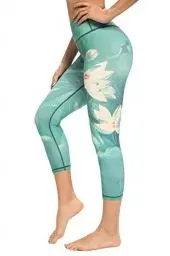 Produktbild: HAPYWER Yoga Leggings Damen High Waist Yogahose Bunt Gym Sport Leggings Tummy Control Running Workout - Stretch Kompressionshose mit Aufdruck für Frauen(7/8 Lotos Grün,M)