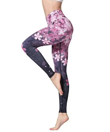 Produktbild: HAPYWER Yoga Leggings Damen High Waist Yogahose Bunt Gym Sport Leggings Tummy Control Running Workout - Stretch Kompressionshose mit Aufdruck für Frauen(Kirschblüte,M)
