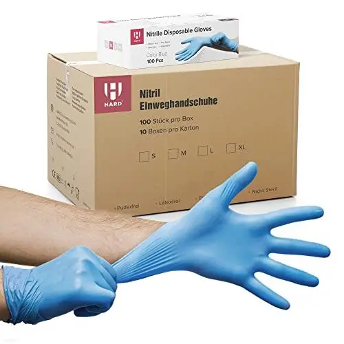 Produktbild: HARD 1000x Nitrilhandschuhe, Einweghandschuhe, Reißfest, Nitril Handschuhe, puderfrei, latexfrei, Einmalhandschuhe, Untersuchungshandschuhe, Black disposible nitrile gloves Box - Größe L - Blau