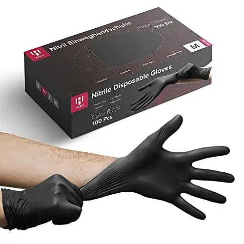 Produktbild: HARD 100x Nitrilhandschuhe, Einweghandschuhe, Reißfest, Nitril Handschuhe, puderfrei, latexfrei, Einmalhandschuhe, Untersuchungshandschuhe, Black disposible nitrile gloves Box - Größe M - Schwarz