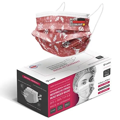 Produktbild: HARD 50x Medizinischer Mundschutz TYP IIR OP-Maske - MNS-Masken - Made in Germany, CE zertifiziert EN14683, BFE 3-lagig 99,78% schützender MNS, Einweg-Gesichtsmasken Erwachsene -Christmas Red