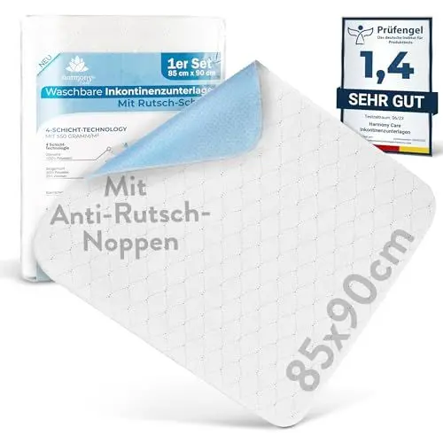 Produktbild: Harmony Care® Inkontinenzunterlage waschbar 85x90 cm (mit Anti-Rutsch-Noppen) - 1x rutschfeste Inkontinenzauflage - atmungsaktive Inkontinenz Bettunterlage