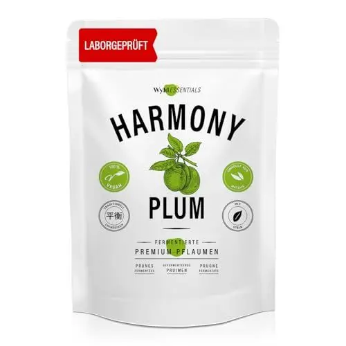 Produktbild: HarmonyPLUM. 9 sorgfältig fermentierte grüne Pflaumen. Nach traditionell chinesischem Rezept. Umhüllt von Macha-Pulver.