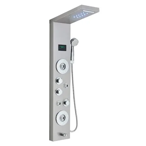 Produktbild: HARNART LED Duschpaneel mit Armatur,5 Funktionen Duschpaneel mit LED Temperaturanzeige,Massagedusche und Wasserfall Dusche,Duschsäule aus Edelstahl 304,Geburstet-8006
