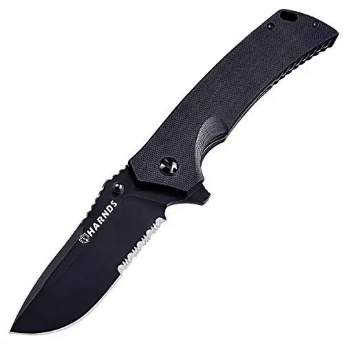 Produktbild: HARNDS Tragbares Klappmesser mit G10-Griff, D2-Edelstahl-Mehrzweckmesser mit Wellenschliff für Jagd, Camping, Survival (CK7205 - Titanium Schwarz)