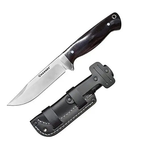 Produktbild: Harnds Defender Outdoor Messer, 111mm D2 Feststehende Klinge Messer mit Scheide fur Survival Bushcraft,Hohe Zähigkeit Gürtelmesser (Ebony Griff + Leather Scheid)