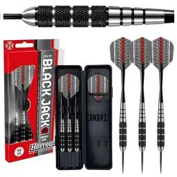 Produktbild: Harrows Black Jack Darts-Set mit Edelstahlspitze, 18 g, 20 g, 22 g und 24 g – inklusive Speedline-Schäften, Supergrip-Flights und Reiseetui (20g)