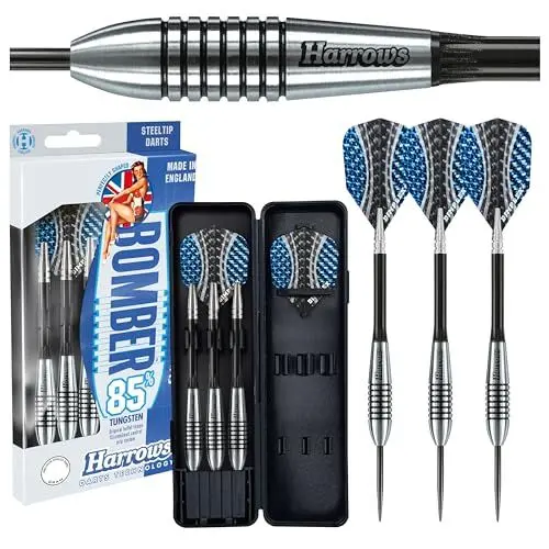 Produktbild: Harrows Bomber Darts-Set mit 85% Wolframstahlspitze, 21 g, 23 g, 25 g und 27 g – inklusive hochwertiger Schäfte, aerodynamischer Flights und Reiseetui