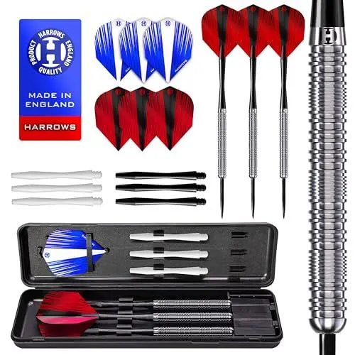 Produktbild: Harrows Caliber 90% Tungsten Steel Tip Darts Set I 21g bis 30g Alle Gewichte verfügbar I Riesiges 16-teiliges Bundle mit Ersatzschäften, Prime Flights & Reiseetui (Silber, 22 Gramm)