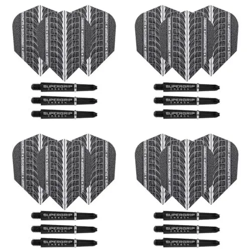 Produktbild: Harrows Darts 4 x Sets Supergrip Carbon-Dartschäfte und Supergrip Ultra Dart-Flights – 12 Dart-Schäfte, 12 Dart-Flights insgesamt – mittel und kurz (schwarz, kurz)