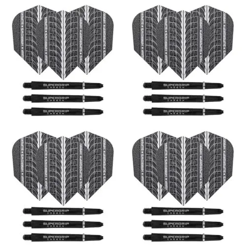 Produktbild: Harrows Darts 4 x Sets Supergrip Carbon-Dartschäfte und Supergrip Ultra Dart-Flights – 12 Dart-Schäfte, 12 Dart-Flights insgesamt – mittel und kurz (schwarz, mittel)