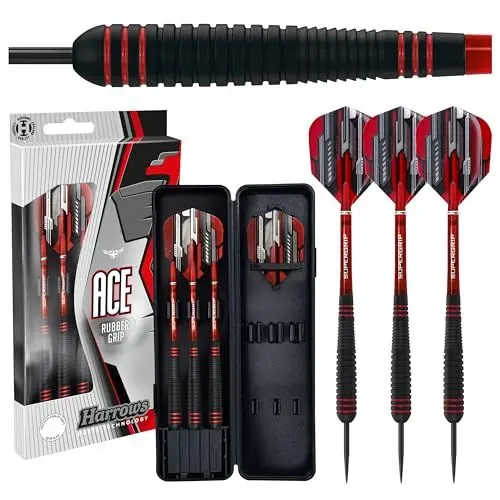 Produktbild: Ace Rubber Black Dartpfeile | Steeldarts-Set mit Tragetasche | 20g, 22g, 24g & 26g | Enthält Supergrip-Schäfte und 100-Mikron-Marathon-Flights (24g)