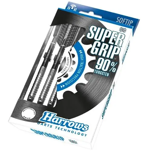 Produktbild: Harrows SUPERGRIP Darts-Set mit weicher Spitze aus 90% Wolfram. Erhältlich in 16 g, 18 g, 20 g – inklusive Supergrip-Schäften, Supergrip-Flights und Reiseetui-18g