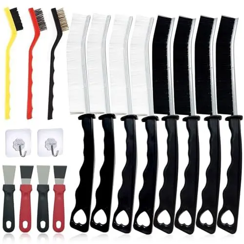 Produktbild: Hartborsten Eckenreinigungsbürste Set, Spaltreinigungsbürste und Fugenbürste mit 8 Stück Premium Fugenreinigungsbürste & 3 Drahtbürste & 4 Scraper Küche& 2 Klebehaken für Badezimmern Küchenspülen
