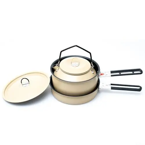 Produktbild: Hasaller Camping-Kochgeschirr-Set, antihaftbeschichtet, Camping-Kochset mit Wasserkocher, tragbare Pfanne, Aluminium, geeignet für Camping, Rucksackreisen, Reisen (Kaki)