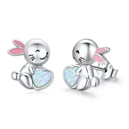 Produktbild: Hasen Ohrringe Kinder 925 Sterling Silber Hase Ohrstecker Herz Opal Ohrringe Tier Schmuck Hypoallergene Kaninchen Ohrringe Ostern Bunny Geschenke Valentinstag für Mädchen Damen