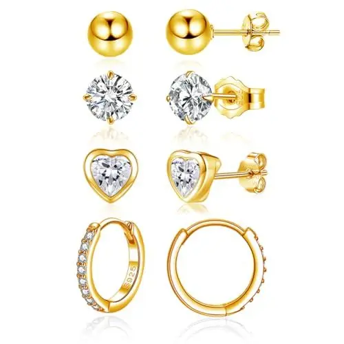 Produktbild: Hasnsofie Creolen Silber 925 Ohrstecker Ohrringe, 4 Paare Gold 5mm Ohrstecker & 14mm Creolen Ohrringe Set für Sie Damen Frauen, Stilvoll Klein Ohrstecker Zirkonia Creolen Ohrringe Set mit Geschenkbox