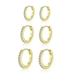 Produktbild: Hasnsofie Creolen Silber Damen Ohrringe, 3 Paare 925 Sterling Silber Creolen Ohrringe Set, Hypoallergen Klein Schlafen Creolen Ohrringe mit AAA Zirkonia, Silber Gold Kreolen Ohrringe Set in 10 12 14mm