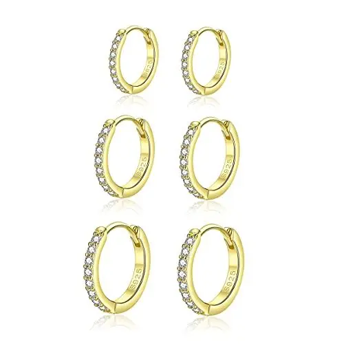Produktbild: Hasnsofie Creolen Silber Damen Ohrringe, 3 Paare 925 Sterling Silber Creolen Ohrringe Set, Hypoallergen Klein Schlafen Creolen Ohrringe mit AAA Zirkonia, Silber Gold Kreolen Ohrringe Set in 10 12 14mm
