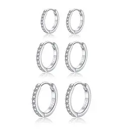 Produktbild: Hasnsofie Creolen Silber Damen Ohrringe, 3 Paare 925 Sterling Silber Set, Hypoallergen Klein Schlafen mit AAA Zirkonia, Kreolen Set in 10, 12, 14mm