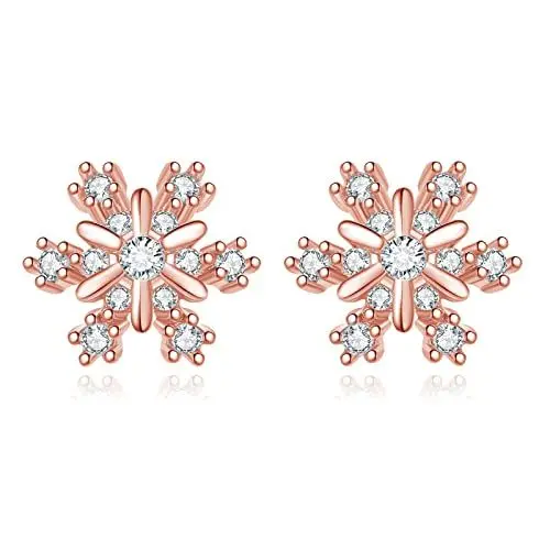Produktbild: Hasnsofie 925 Sterling Silber Weihnachten Ohrringe Damen - Schneeflocke Ohrstecker in Rose Gold, 9mm Klein Schlafen Knorpel Ohrringe zum Weihnachten
