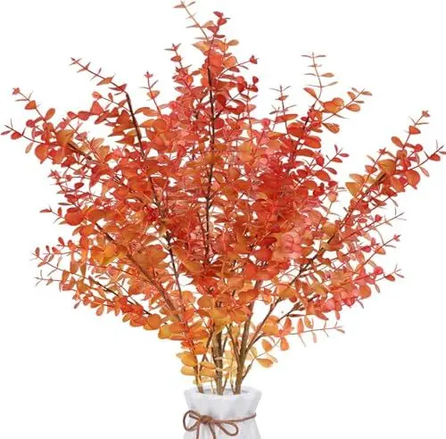 Produktbild: HASUDEI 3 Pcs Künstliche Eukalyptus Pflanze Runde Blätter Kunstpflanzen Herbst Eukalyptuszweige Orange Plastikpflanzen für Balkon Garten Herbst Hochzeit Party Vase Deko 80CM