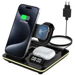 Produktbild: HATALKIN 5 in 1 Apple Induktive Ladegerät,iPhone Faltbar Ladestation Kompatibel mit iPhone 16 Pro Max/Pro/Plus/15/14 Apple Watch 10/Ultra 2 AirPods Pro 2/4/3,Wireless Charger mit Wecker und Nachtlicht