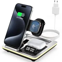 Produktbild: HATALKIN 5 in 1 Ladestation Apple,Induktive Kabelloses Ladegerät Kompatibel mit iPhone 16/15/14 Serie,Apple Watch 10/9/8/7/6/5/4/3/2/SE,AirPods 3/2/Pro,Wireless Charger iPhone mit Wecker & Nachtlicht.