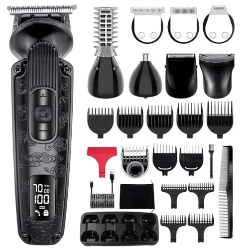 Produktbild: Hatteker Barttrimmer Herren Haarschneidemaschine Set Bartschneider Profi Haarschneider Rasierer Elektrisch Nasenhaartrimmer Körperhaartrimmer Wasserdicht Einstellbare Geschwindigkeit 8 in 1 (Schwarz)