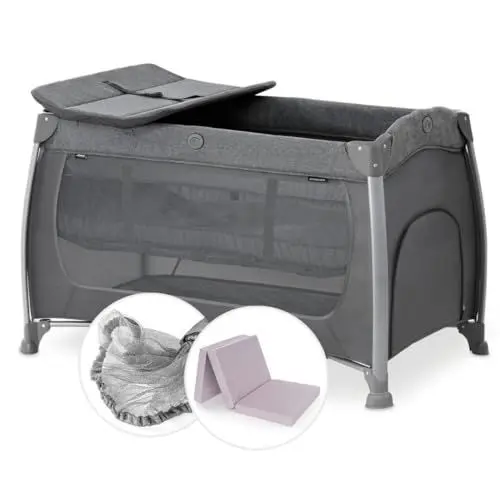 Produktbild: hauck Baby Reisebett Play n Relax Center Set mit Komfort Matratze und Insektenschutz - Babyreisebett mit Neugeborenen Einsatz, Wickelauflage und Tasche (höhenverstellbar & faltbar) - Charcoal Grau