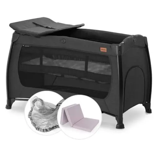 Produktbild: hauck Baby Reisebett Play n Relax Center Set mit Komfort Matratze und Insektenschutz - Babyreisebett mit Neugeborenen Einsatz, Wickelauflage und Tasche (höhenverstellbar & faltbar) - Melange Schwarz
