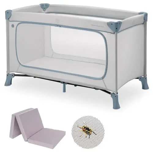Produktbild: hauck Baby Reisebett Set Dream n Play Plus mit Matratze und Moskitonetz - faltbares Kinder Babyreisebett mit Tasche und großem Eingang - Dusty Blue