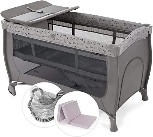Produktbild: hauck Baby Reisebett Sleep n Play Center Set mit Komfort Matratze und Insektenschutz - Babyreisebett mit Neugeborenen Einsatz, Wickelauflage, Rollen und Tasche (höhenverstellbar & faltbar) - Grau