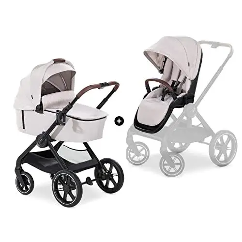 Produktbild: hauck 2in1 Kinderwagen mit Gummireifen Walk N Care Set ab Geburt bis 22 kg + 3 kg Korb, Wanne mit Memory-Knöpfen, Sitz mit Liegefunktion Wendbar Höhenverstellbar, Teleskopgriff, UPF 50+ (Beige)