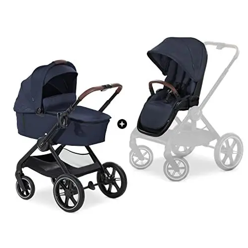 Produktbild: hauck 2in1 Kinderwagen mit Gummireifen Walk N Care Set ab Geburt bis 22 kg + 3 kg Korb, Wanne mit Memory-Knöpfen, Sitz mit Liegefunktion Wendbar Höhenverstellbar, Teleskopgriff (Dark Navy Blue)
