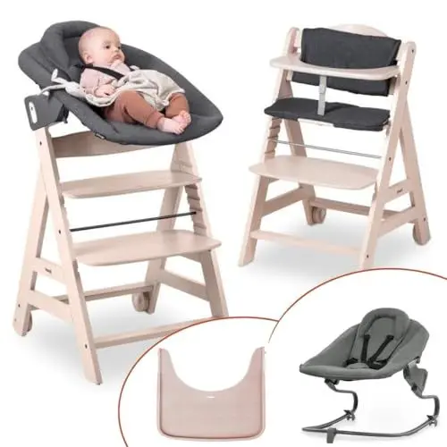 Produktbild: hauck Hochstuhl Beta+ Newborn Set Premium Dark Grey - Babyhochstuhl Set ab Geburt mit Neugeborenen Aufsatz Bouncer, Sitzpolster und Essbrett - Whitewashed