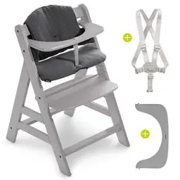 Produktbild: hauck Hochstuhl Alpha Plus - Mitwachsender Holz Kinderhochstuhl/Treppenhochstuhl mit Gurt, Schutzbügel und Sitzkissen Charcoal - Grau