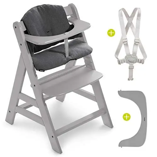 Produktbild: hauck Hochstuhl Alpha Plus - Mitwachsender Holz Kinderhochstuhl/Treppenhochstuhl mit Gurt, Schutzbügel und Sitzkissen Charcoal - Grau