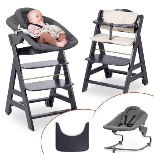 Produktbild: hauck Hochstuhl Beta+ Newborn Set Premium Dark Grey - Babyhochstuhl Set ab Geburt mit Neugeborenen Aufsatz Bouncer, Sitzpolster und Essbrett - Dark Grey