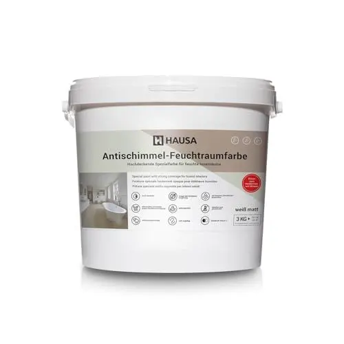 Produktbild: Hausa Anti Schimmel Farbe weiß Feuchtraum Wandfarbe hochdeckende Spezialfarbe für Keller Bad Küche dauerhafter Schutz gegen Schimmel an feuchten Oberflächen anwendbar atmungsaktiv abwaschbar, 3kg