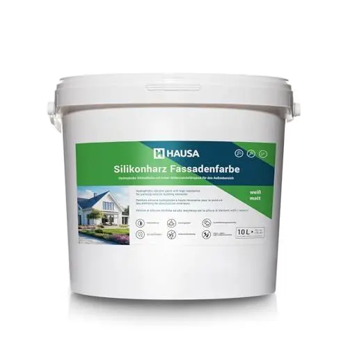 Produktbild: Hausa Silikonharz Fassadenfarbe 10L weiß matt, hochdeckende hydrophobe Außenfarbe mit Abperleffekt für alle Außenputze, Beton, Zement, Mauerwerk, Ziegel, witterungsbeständig atmungsaktiv