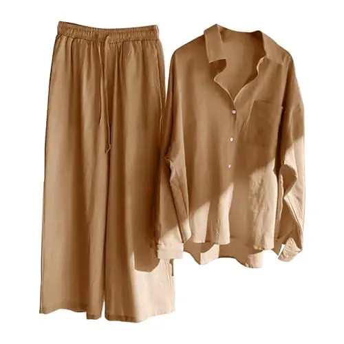 Produktbild: Hausanzug Damen Elegant Hosenanzug Damen Festlich Elegant GrüN Zweiteiler Damen Musselin Kleid 2 Teiler Damen Loungewear Damen Set Zweiteiler Leinen Damen (1-Brown, XXXXXL)