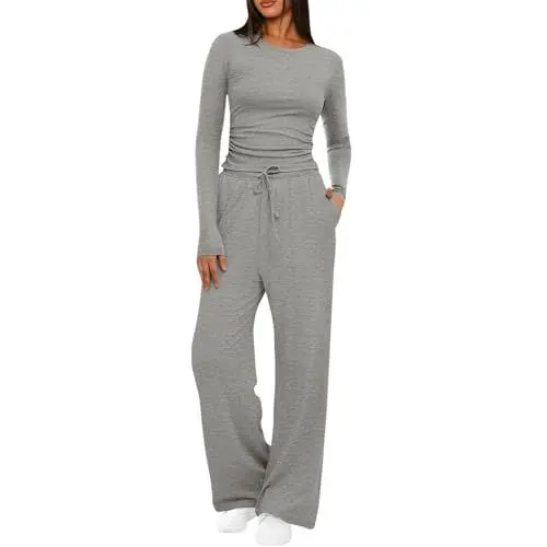 Produktbild: Hausanzug Damen Elegant Zweiteiler Mode Lounge Set Langarmshirt und Lange Weite Hose Freizeitanzug Slim Kleidung Trainingsanzug Homewear Hosenanzug Sport Outfit 2 Teiler Jogginganzug Loungewear Grau M