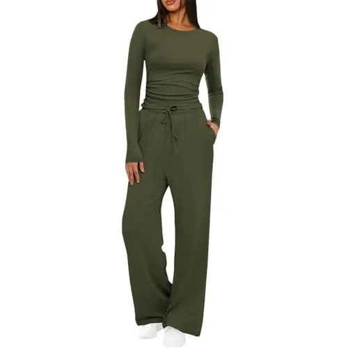 Produktbild: Hausanzug Damen Elegant Zweiteiler Mode Lounge Set Langarmshirt und Lange Weite Hose Freizeitanzug Slim Kleidung Trainingsanzug Homewear Sport Outfit 2 Teiler Jogginganzug Loungewear Grün XL