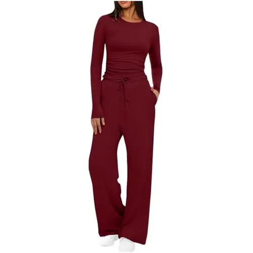 Produktbild: Hausanzug Damen Elegant Zweiteiler Mode Lounge Set Langarmshirt und Lange Weite Hose Freizeitanzug Slim Kleidung Trainingsanzug Homewear Sport Outfit 2 Teiler Jogginganzug Loungewear Weinrot M