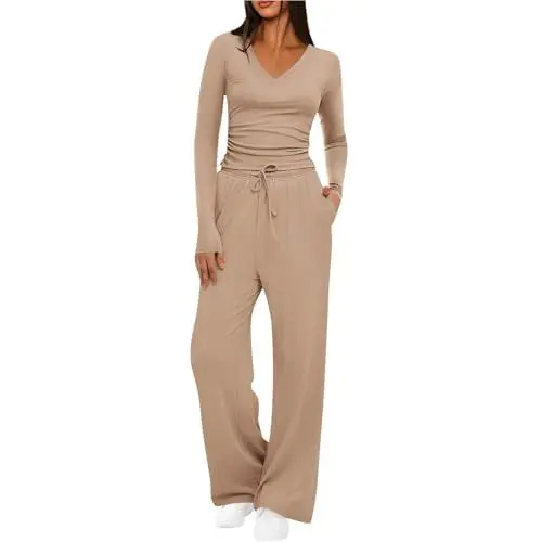 Produktbild: Hausanzug Damen Zweiteiler Lounge Set Mode Kleidung V-Ausschnitt Langarmshirt und Lange Hose Jogginganzug Sport Outfit Hosenanzug Weite Jogginghose Trainingsanzug Loungewear Freizeitanzug Khaki M